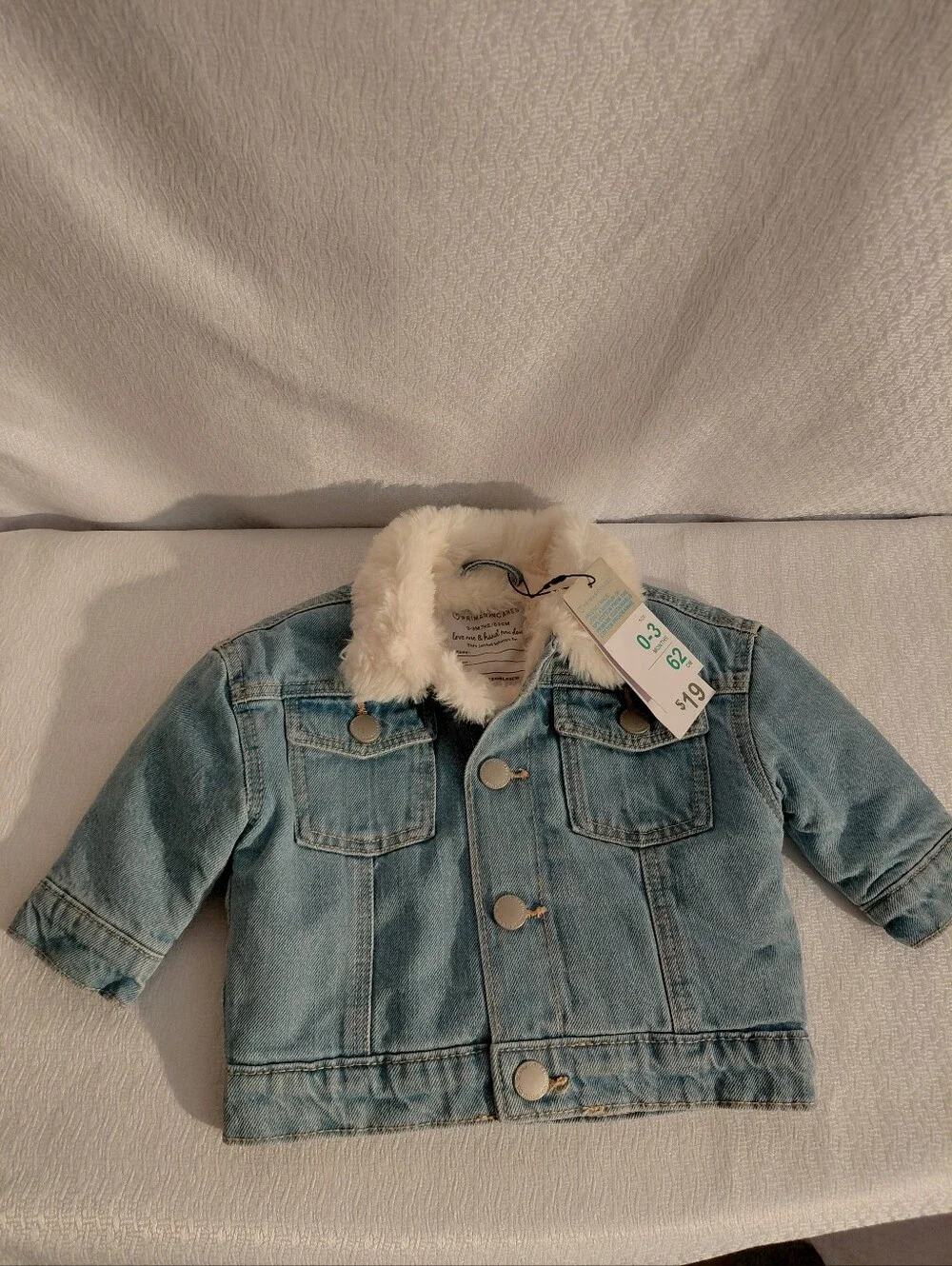 Primark Care Light Blue Denim Jacket with Cream Faux Fur Collar 0-3 Months NWT